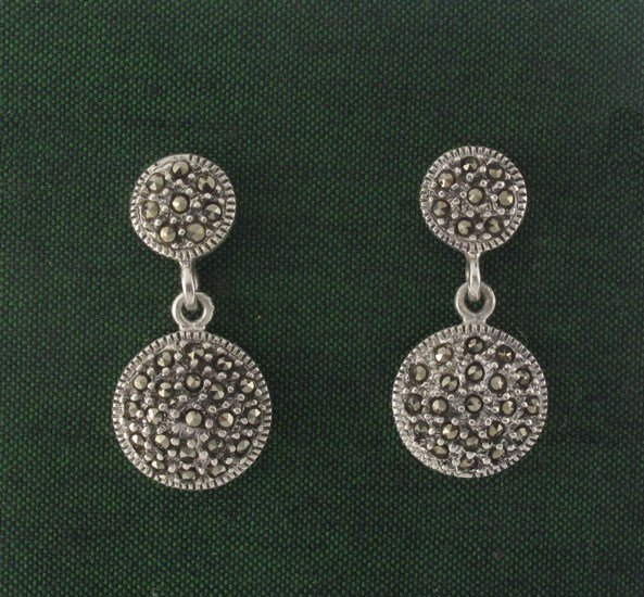 Circle Drop Dangle Marcasite 925 Sterling Silver Stud Earrings
