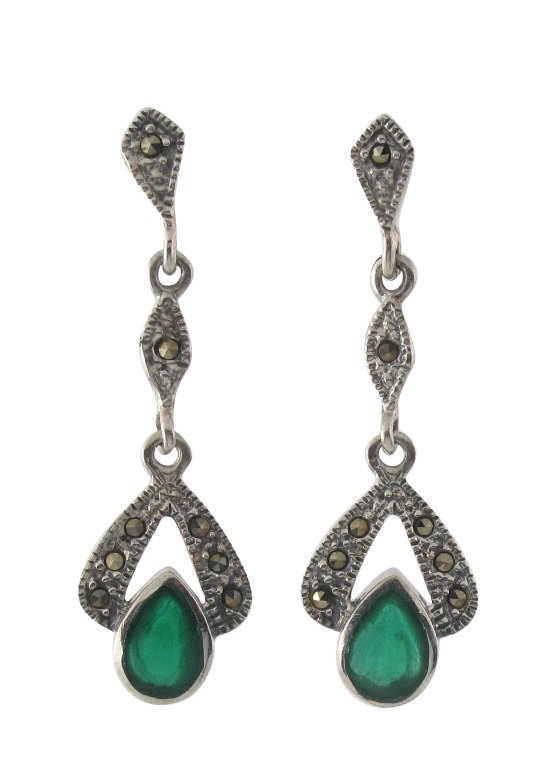 Pear Teardrop Dangle Stone Marcasite 925 Sterling Silver Vintage Earrings