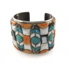 7" Multi Stone Wide MOP Mosaic Inlay Stone Sterling Silver Band Cuff Bracelet
