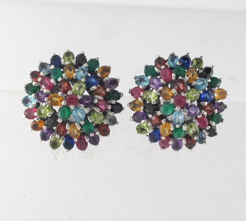 Round Sparkle Multi Color Stone Cluster 925 Sterling Silver Clip-on Earrings