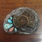 Nautilus Fossil Ammonite 925 Sterling Silver Turquoise Belt Buckle Handmade 1.75