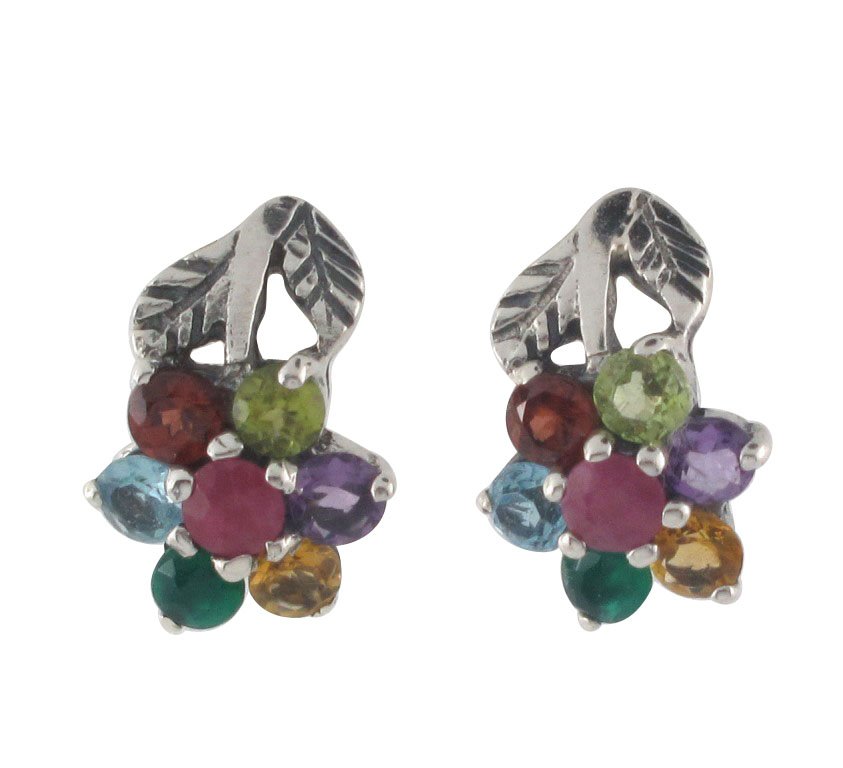 Flower Multi Color Gem Stone 925 Sterling Silver Stud Earrings
