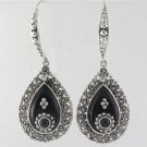 Teardrop Onyx Vintage Dangle Marcasite 925 Sterling Silver Earrings