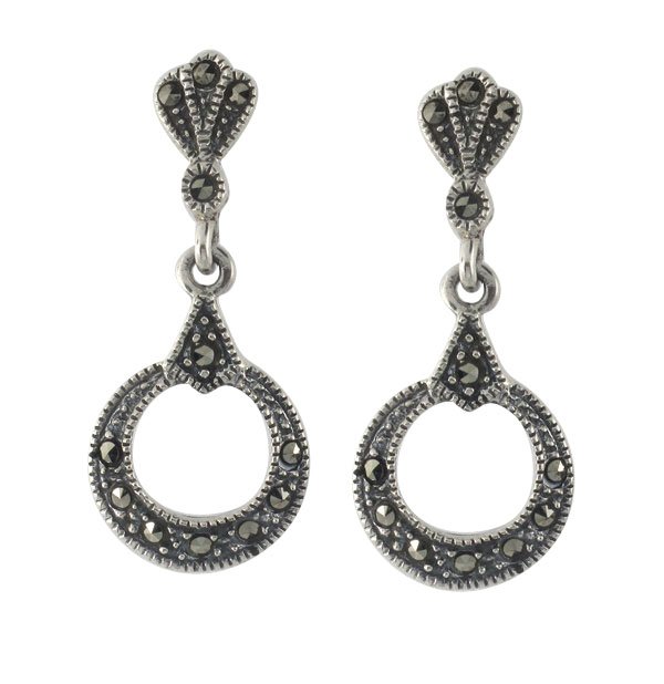 Round Circle Dangle Marcasite 925 Sterling Silver Vintage Earrings
