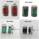 Round Cylinder Natural Stone Marcasite 925 Sterling Silver Stud Earrings