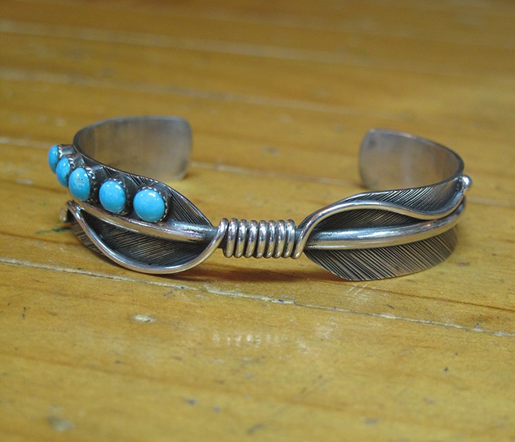 6" Circle Row Turquoise Stone Bird Feather 925 Sterling Silver Cuff Bracelet