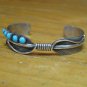 6" Circle Row Turquoise Stone Bird Feather 925 Sterling Silver Cuff Bracelet