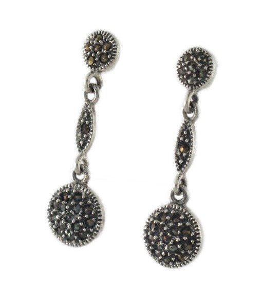 Circle Round Dangle Link Marcasite 925 Sterling Silver Earrings