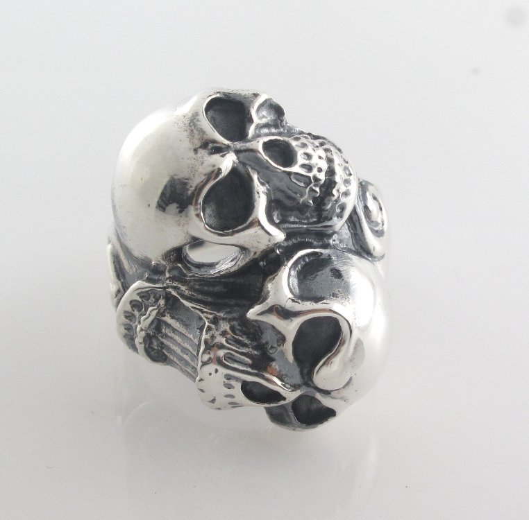 Double Head Skull 925 Sterling Silver Men's Ring Black Oxidized Biker Punk