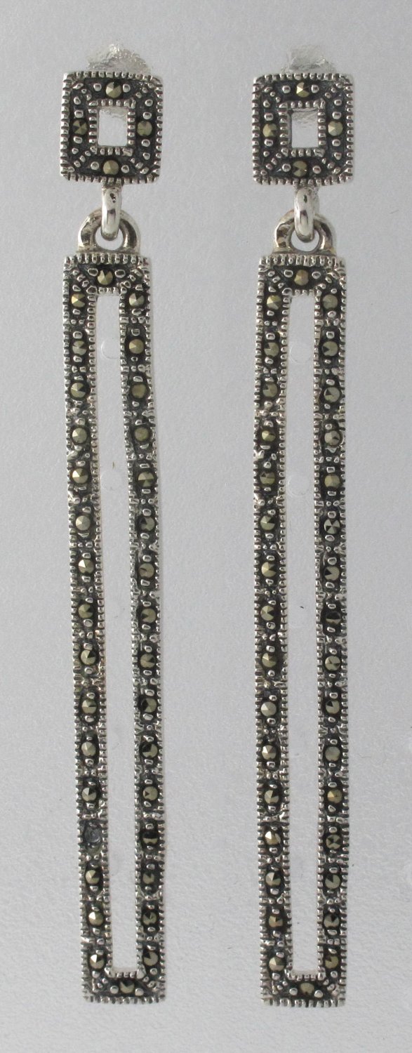 Long Bar Rectangle Marcasite 925 Sterling Silver Stud Earrings