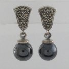 Taper Dangle Bead Marcasite 925 Sterling Silver Stud Earrings Vintage