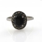 Black Onyx Oval Halo Marcasite 925 Sterling Silver Ring