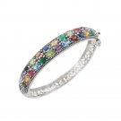 7" Oval Row Band Multicolor Stone 925 Sterling Silver Bracelet Bangle