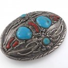 Oval Turquoise Coral Stone Floral Leaf Sterling Silver Men's Belt Buckle 2"