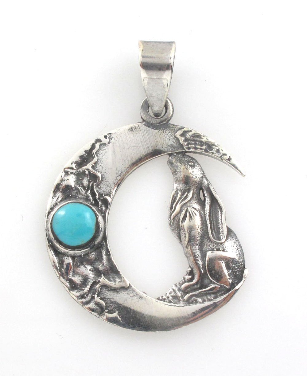 Rabbit Crescent Moon 925 Sterling Silver Blue Turquoise Charm Pendant