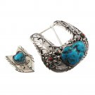 1" Vintage Floral Natural Turquoise Handmade Belt End 925 Sterling Silver Buckle