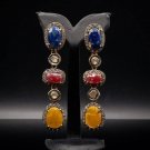 Multicolour Blue Yellow sapphire rose cut diamond Ruby Drop Antique Earrings