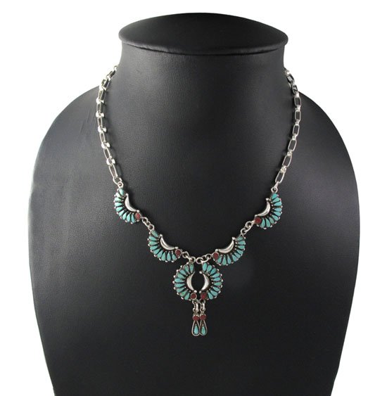 18" Needlepoint Turquoise Crescent Moon Dangle 925 Sterling Silver Necklace