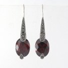 Oval Red Garnet Drop Marcasite 925 Sterling Silver Hook Earrings Vintage