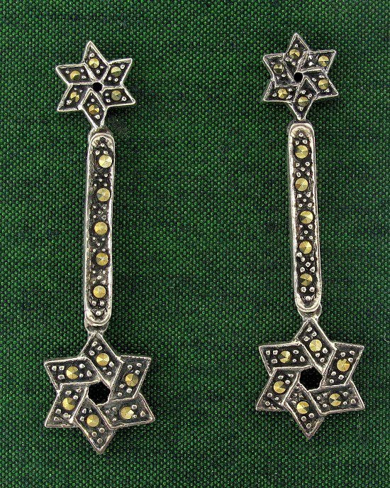 Hexagram Rectangle Drop Marcasite Sterling Silver Stud Earrings