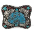 Square Turquoise Coral Stone Feather Leaf Sterling Silver Men's Belt Buckle 2.25