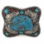Square Turquoise Coral Stone Feather Leaf Sterling Silver Men's Belt Buckle 2.25