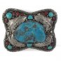 Square Turquoise Coral Stone Feather Leaf Sterling Silver Men's Belt Buckle 2.25
