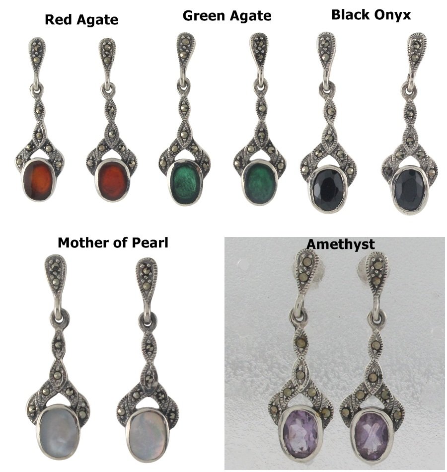 Oval Twist Dangle Marcasite Inlay Stone 925 Sterling Silver Earrings