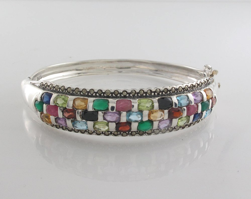 Square Cluster Gemstone Multcolor Marcasite 925 Sterling Silver Bangle Bracelet