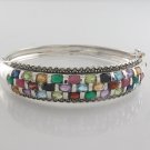 Square Cluster Gemstone Multcolor Marcasite 925 Sterling Silver Bangle Bracelet