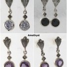 Round Bezel Button Stone Marcasite 925 Sterling Silver Stud Earrings