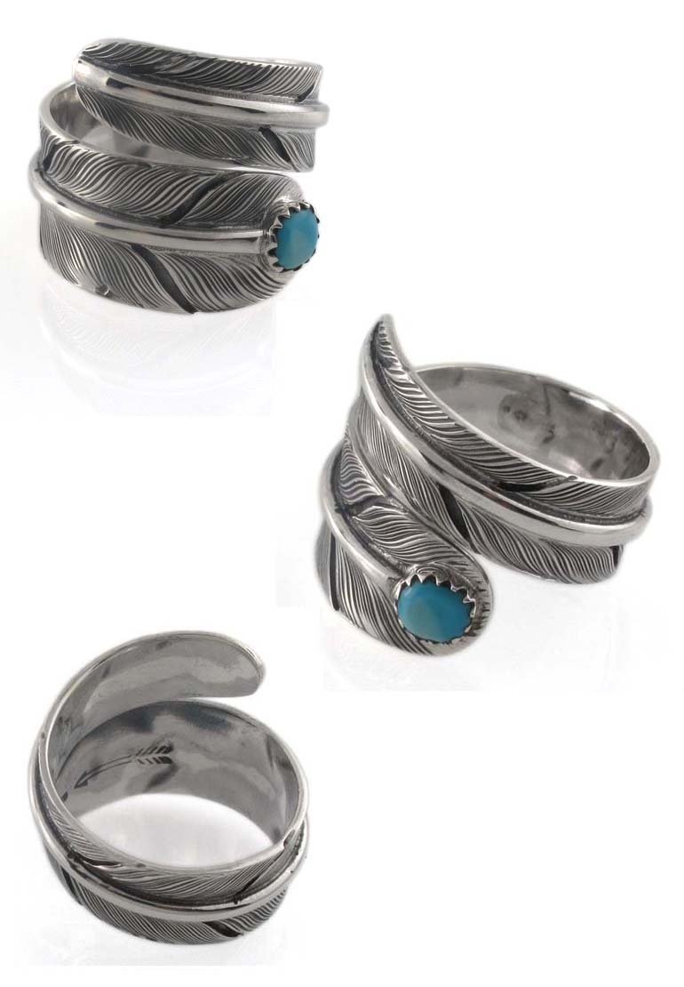 Bird Feather Leaf Wrap Turquoise 925 Sterling Silver Ring Size 7.5 8