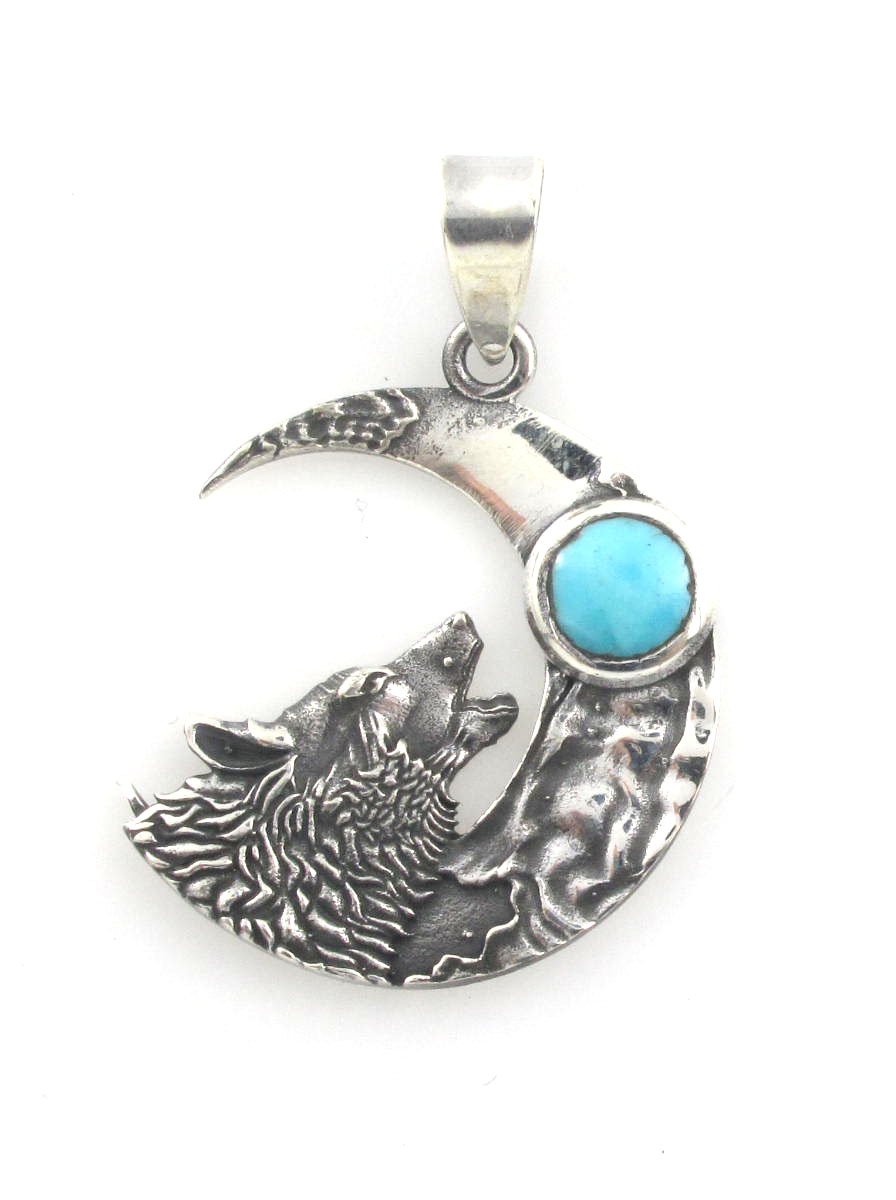Wild Bear Wolf Crescent Moon 925 Sterling Silver Blue Turquoise Charm Pendant