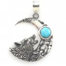 Wild Bear Wolf Crescent Moon 925 Sterling Silver Blue Turquoise Charm Pendant
