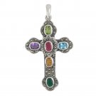 Gothic Cross Marcasite Muticolor Gemstone 925 Sterling Silver Pendant