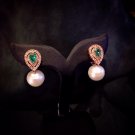 Green Emerald White Topaz South Sea Pearl 925 Sterling Silver Earrings Vintage