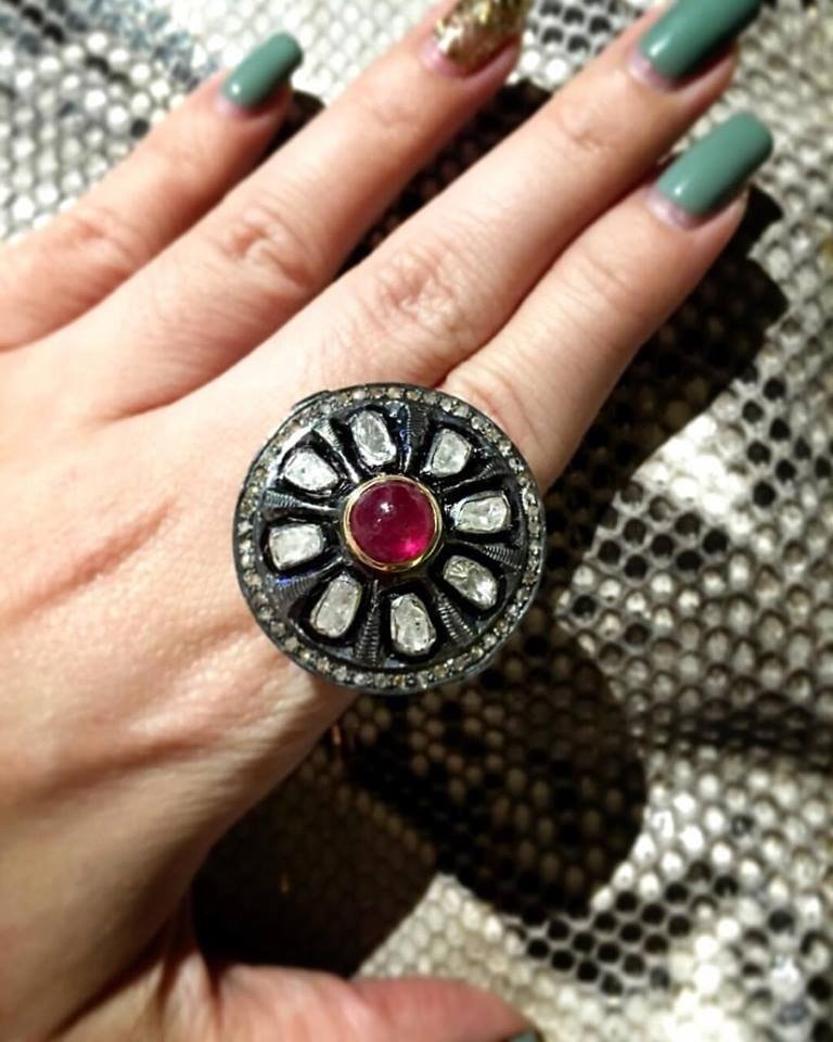 Ruby Rose Cut Diamond Round Ring Cocktail 925 Sterling Silver Ring