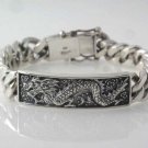 12mm Crawling Dragon Tag Curb Cuban Link Chain 925 Sterling Silver Bracelet Men'