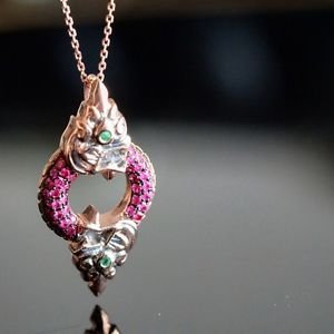 Naga Serpent God Ruby Emerald Eye 925 Sterling Silver Pendant Necklace