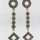 Circle Drop Chain Square Marcasite 925 Sterling Silver Earrings Vintage