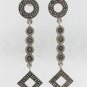 Circle Drop Chain Square Marcasite 925 Sterling Silver Earrings Vintage