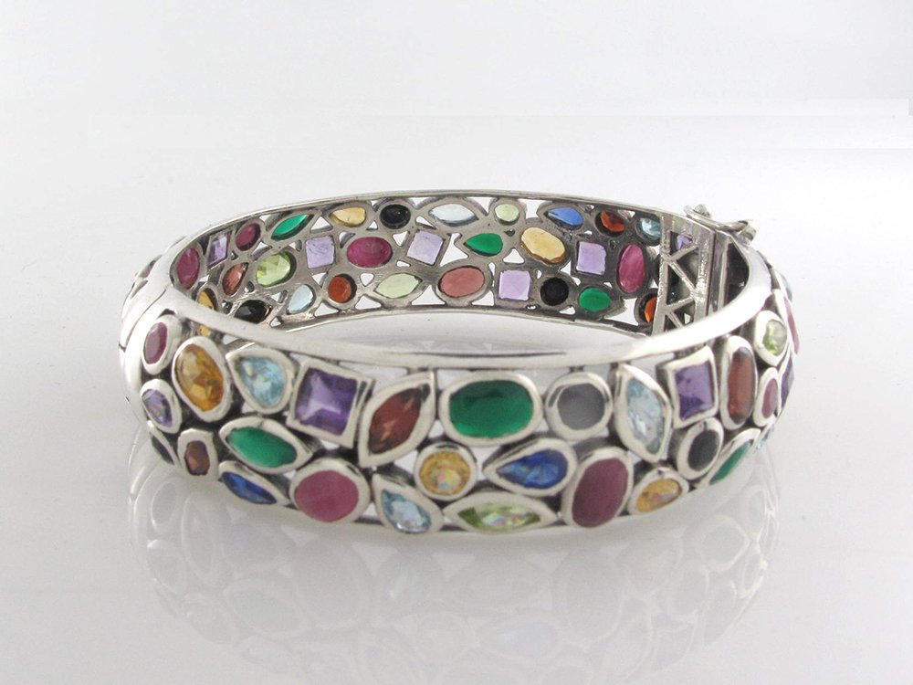 Three Row Multicolor Gemstone Band 925 Sterling Silver Bangle Bracelet