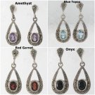 Vintage Gemstone Teardrop Oval Marcasite 925 Sterling Silver Stud Earrings