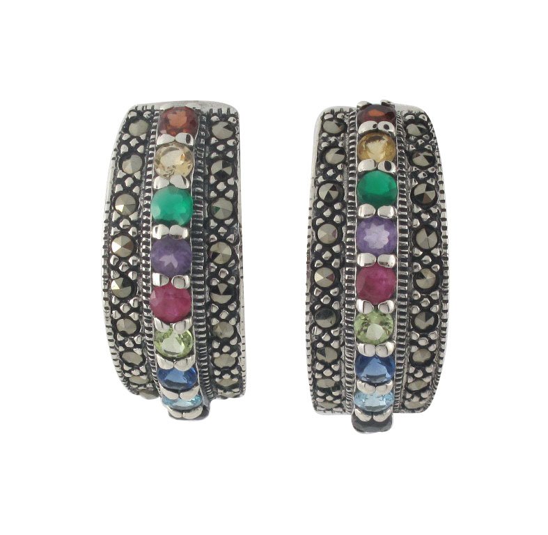 Half Hoop Multi Color Stone Marcasite 925 Sterling Silver Stud Earrings