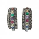 Half Hoop Multi Color Stone Marcasite 925 Sterling Silver Stud Earrings