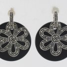 Flower Petal Round Circle Onyx Marcasite 925 Sterling Silver Earrings