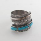 Bird Feather Leaf Wrap Blue Turquoise 925 Sterling Silver Ring Black Oxidized