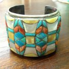 7" Tribal Mosaic MOP Inlay 925 Sterling Silver Wide Band Cuff Bracelet