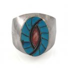 7" Oval Inlay Blue Turquoise Red Stone Sterling Silver Cuff Bracelet