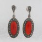 Oval Natural Stone Drop Dangle Marcasite 925 Sterling Silver Earrings Vintage